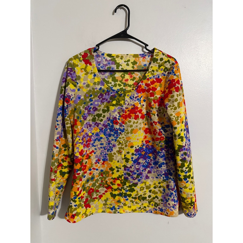 Vintage Style Colorful Impressionist Floral Button Front Long Sleeve Top Multi